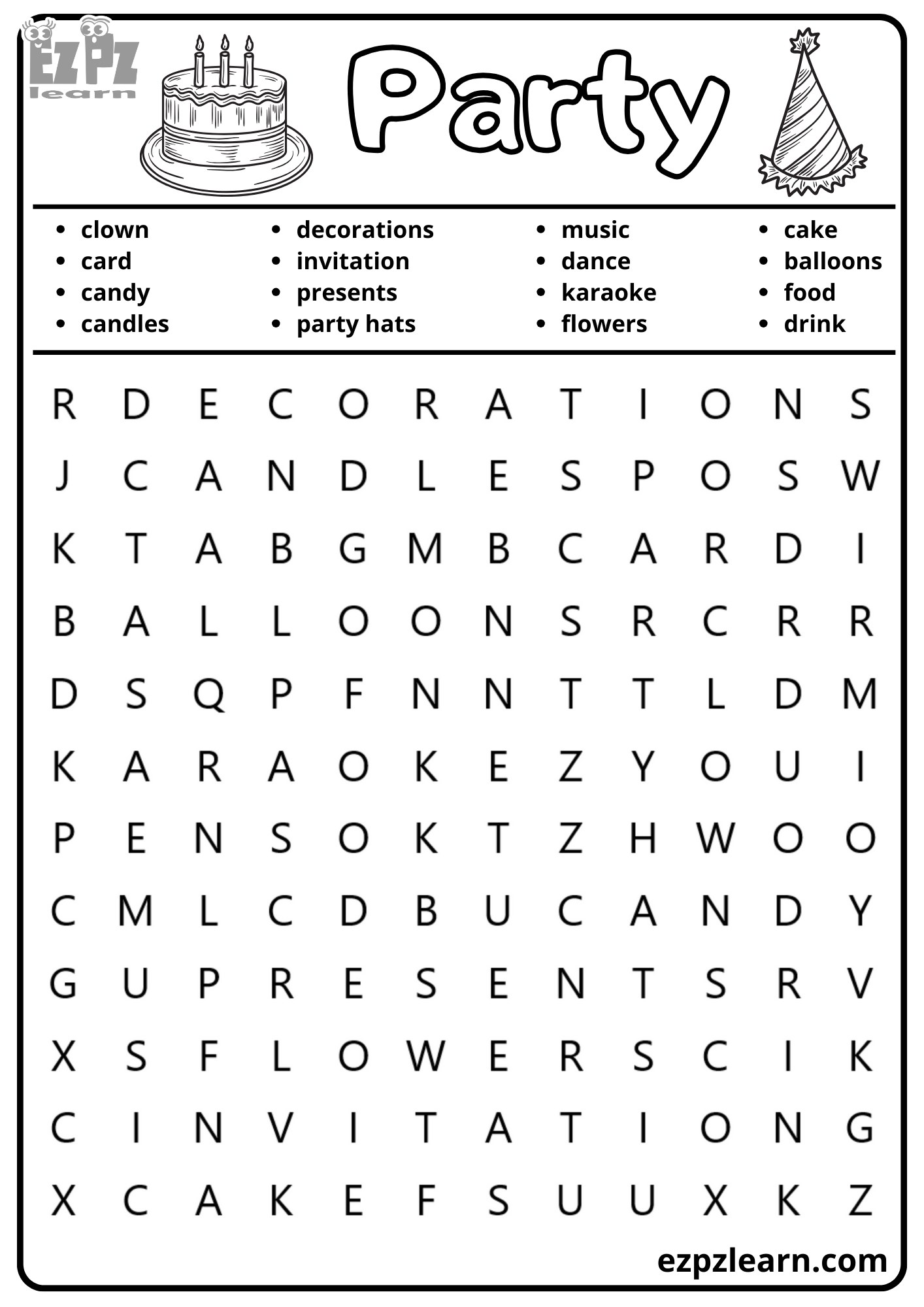 Party Vocabulary Word Search for Kids and ESL Students Free Printable PDF Download 